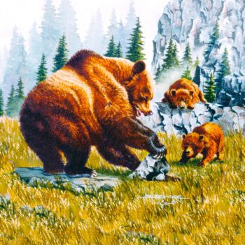 Tile Mural, Grizzly Bear and Cubs turning a rock