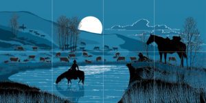 Western Tile Mural • Moonlight Cattle Grazing