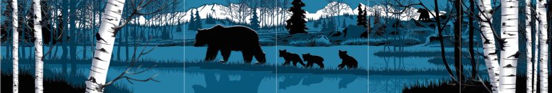 Tile Mural, Grizzly Bear and Cubs Reflection , Wraparound